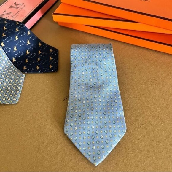 Feragammo Fish Swimming Stars Printed Silk Tie - Picture 1 of 4